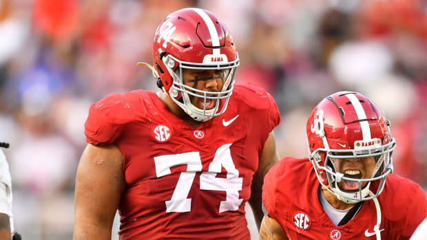 Alabama wide receiver Jermaine Burton (3) and offensive lineman Kadyn Proctor (74) celebrating after a play during an NCAA college football game between Tennessee and Alabama at Bryant-Denny Stadium in Tuscaloosa, Ala., on Saturday, Oct. 21, 2023.